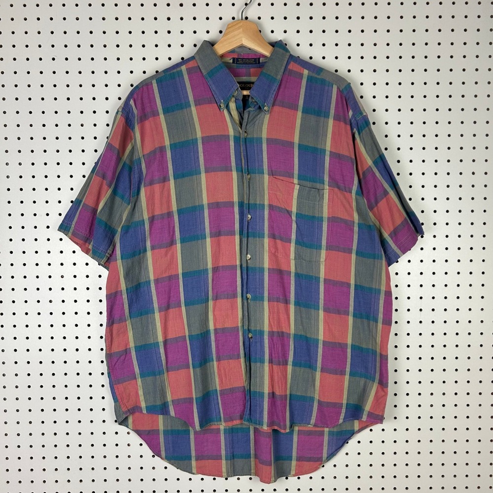 Colours by Alexander Julian Mens Large Plaid Short Sleeve Button Down Shirt 100%